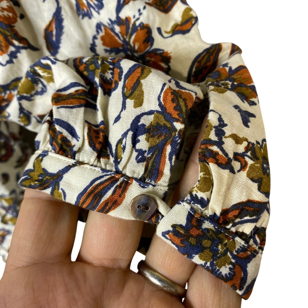Faherty Portia Top Indee Floral Ruffle V-Neck Blouse WTF2316 Cream Brown Blue M - Picture 7 of 13